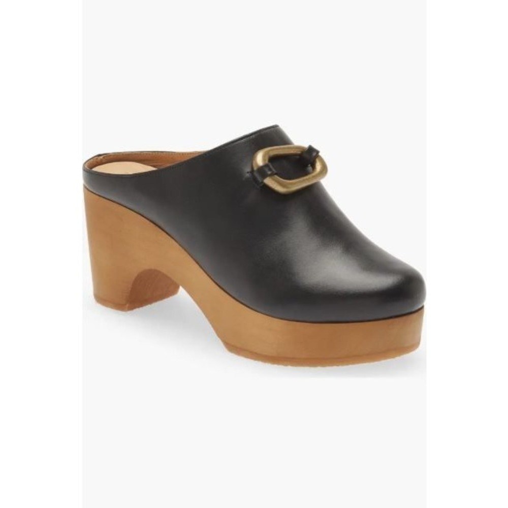 Frame Le Ione Black Leather Wooden Platform Clog Mules Brass Buckle Sz 41 US 10
